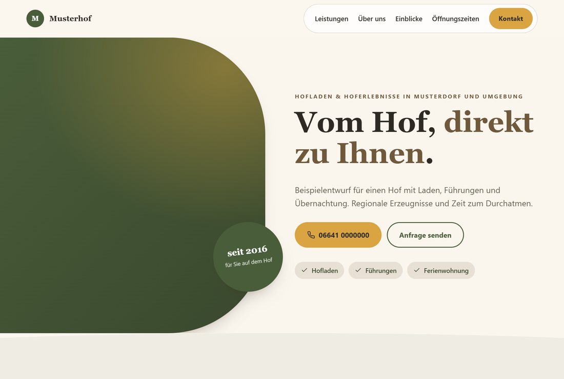 Entwurf für einen Hofladen: Foto läuft links aus dem Bild und endet in einem hohen Bogen